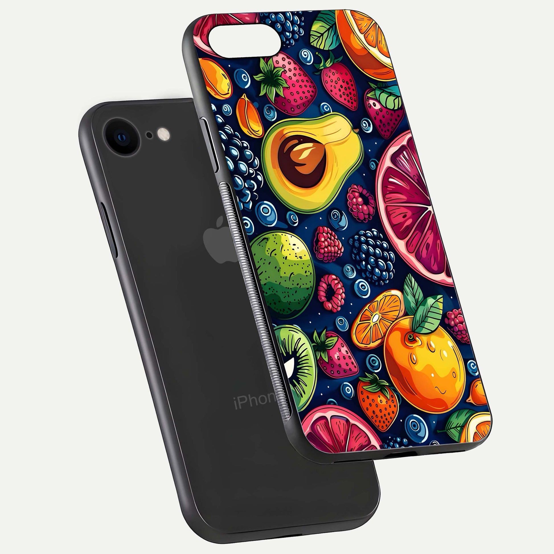 Cute Fruits Art Glass Case for iPhone 8 floating mockup showing gloss brightness and vivid artwork