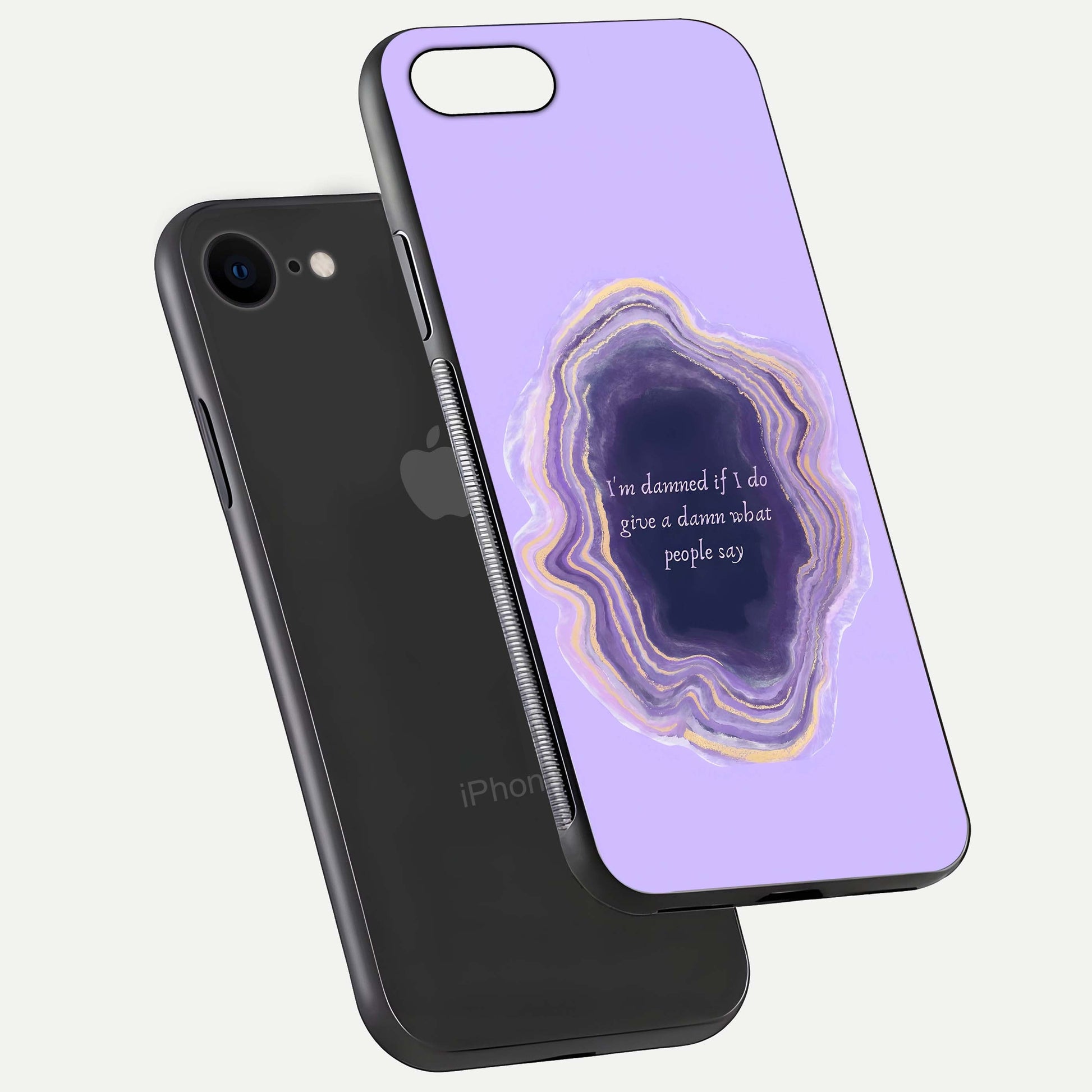 Damned People Quote Glass Case for iPhone 8 floating mockup showing gloss reflection and text balance
