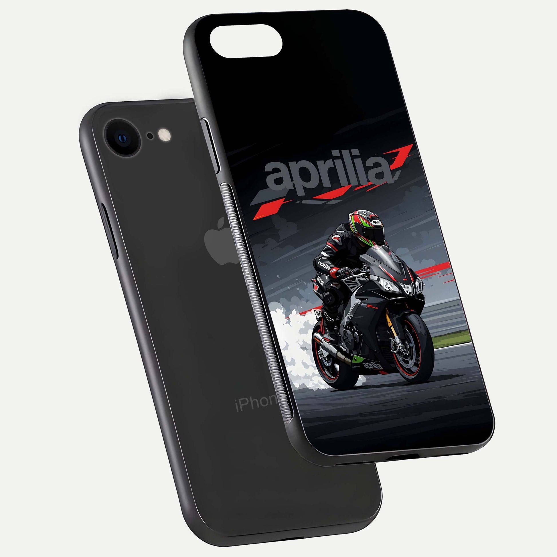 Dark Aprilla Glass Case for iPhone 8 floating mockup showing glossy contrast and texture clarity