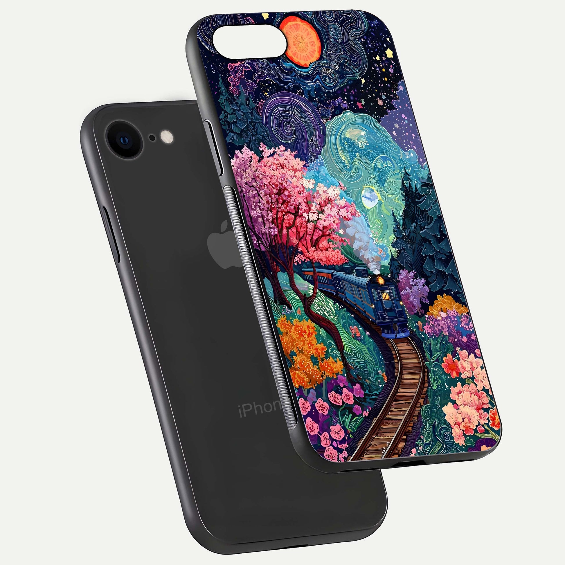 Digital Art Glass Case for iPhone 8 floating mockup showing HD gloss and smooth reflection