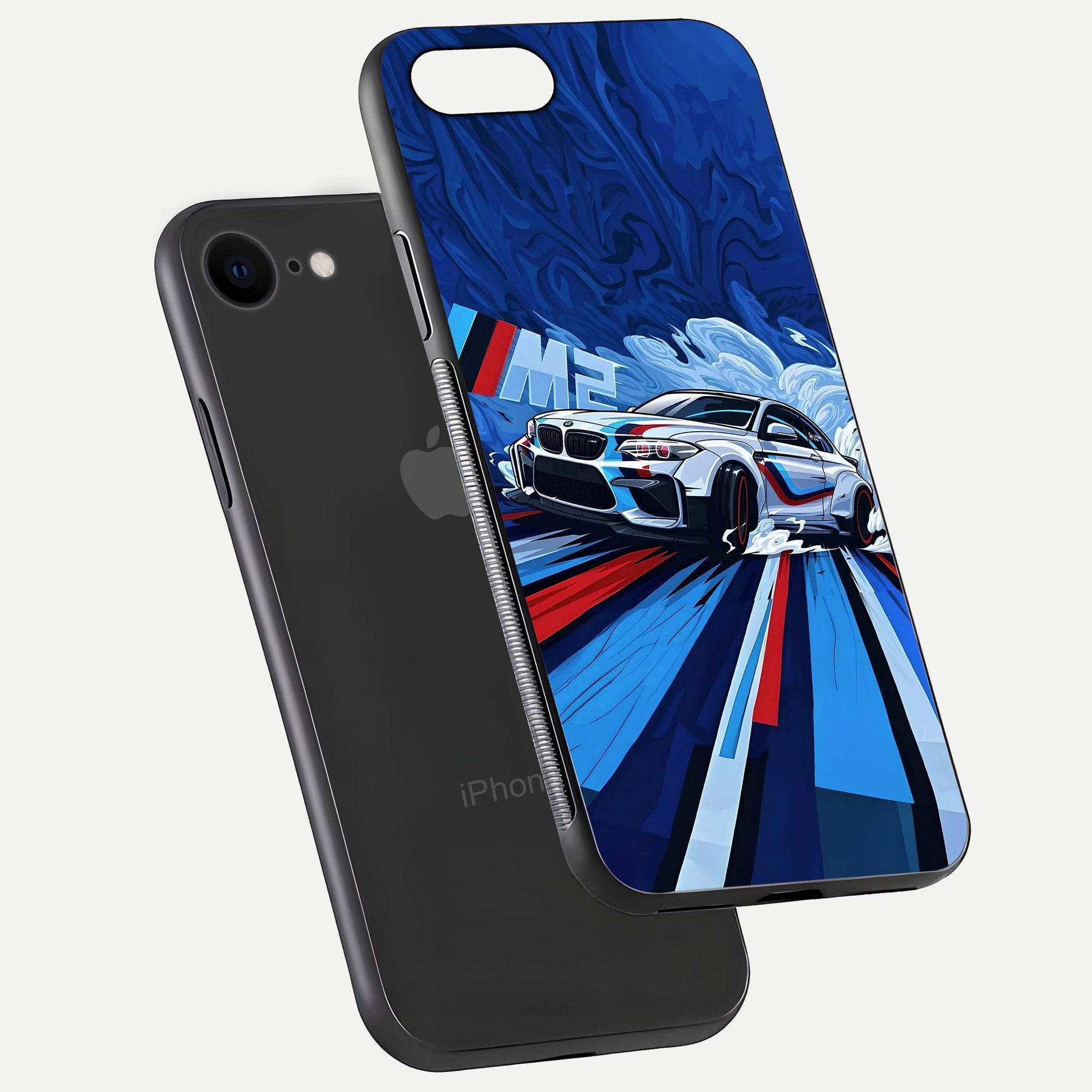 Drift Power Rush Glass Case for iPhone 8 floating mockup showing gloss polish and speed-theme design