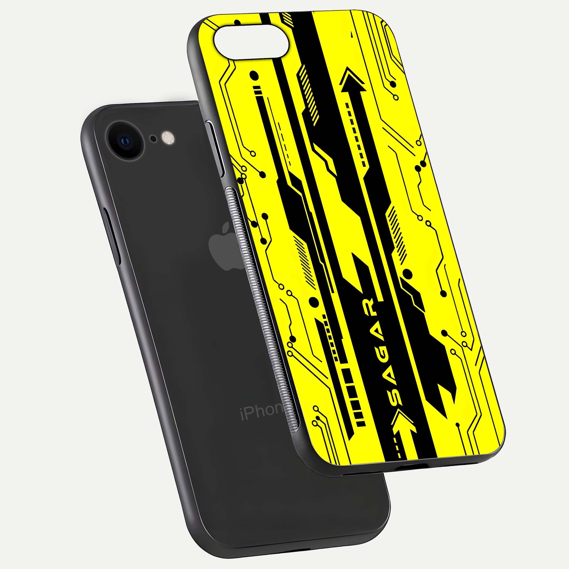 Electric Pulse CYBERPUNK Custom Name Glass Case for iPhone 8 floating mockup showing HD gloss and vibrant cyberpunk glow