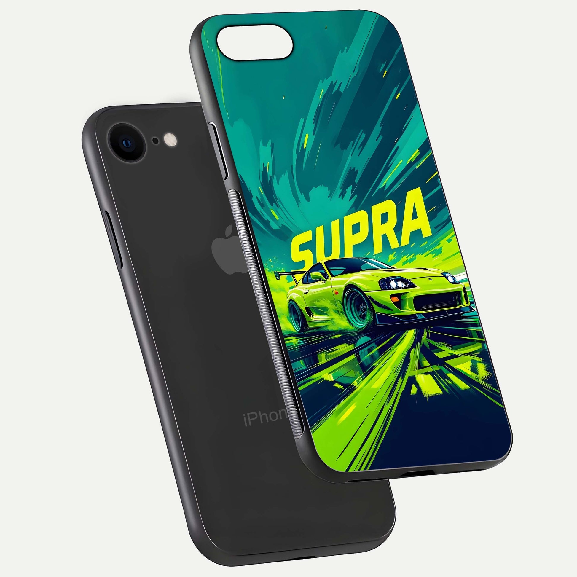 Electric Supra Thunder Glass Case for iPhone 8 floating mockup showing gloss depth and energy glow