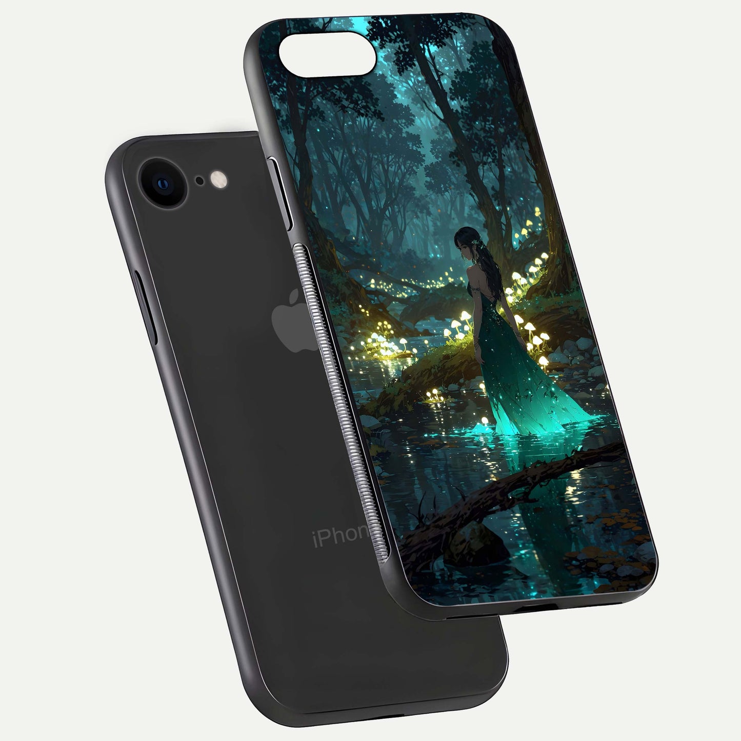 Enchanted Forest Glow Glass Case for iPhone 8 floating mockup showing gloss polish and fantasy vibe