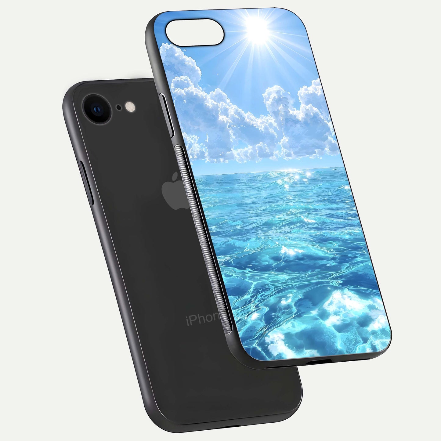 Endless Ocean Horizon Glass Case for iPhone 8 floating mockup showing HD gloss and tranquil color