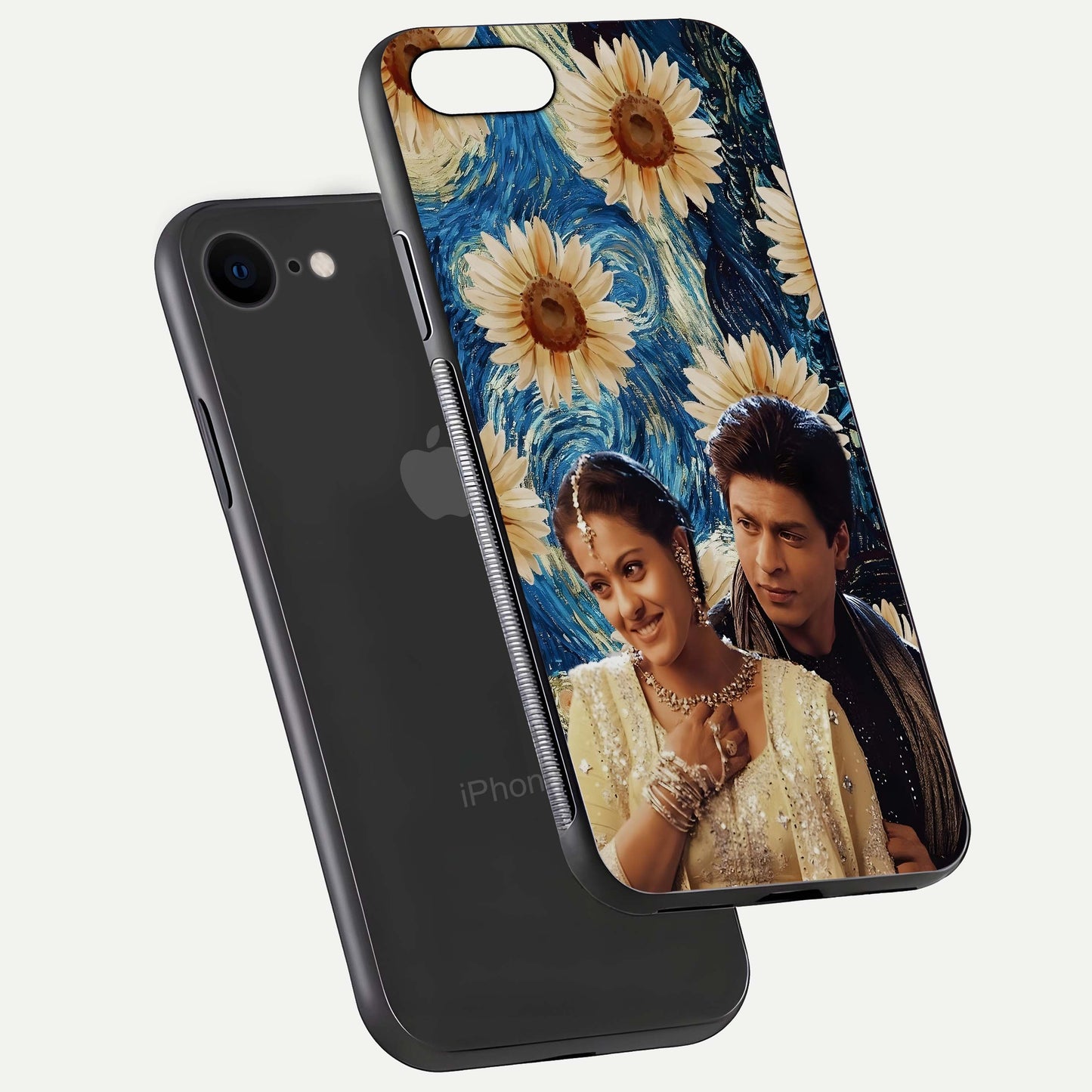 Eternal Love Story Glass Case for iPhone 8 floating mockup showing glossy shine and romantic tone