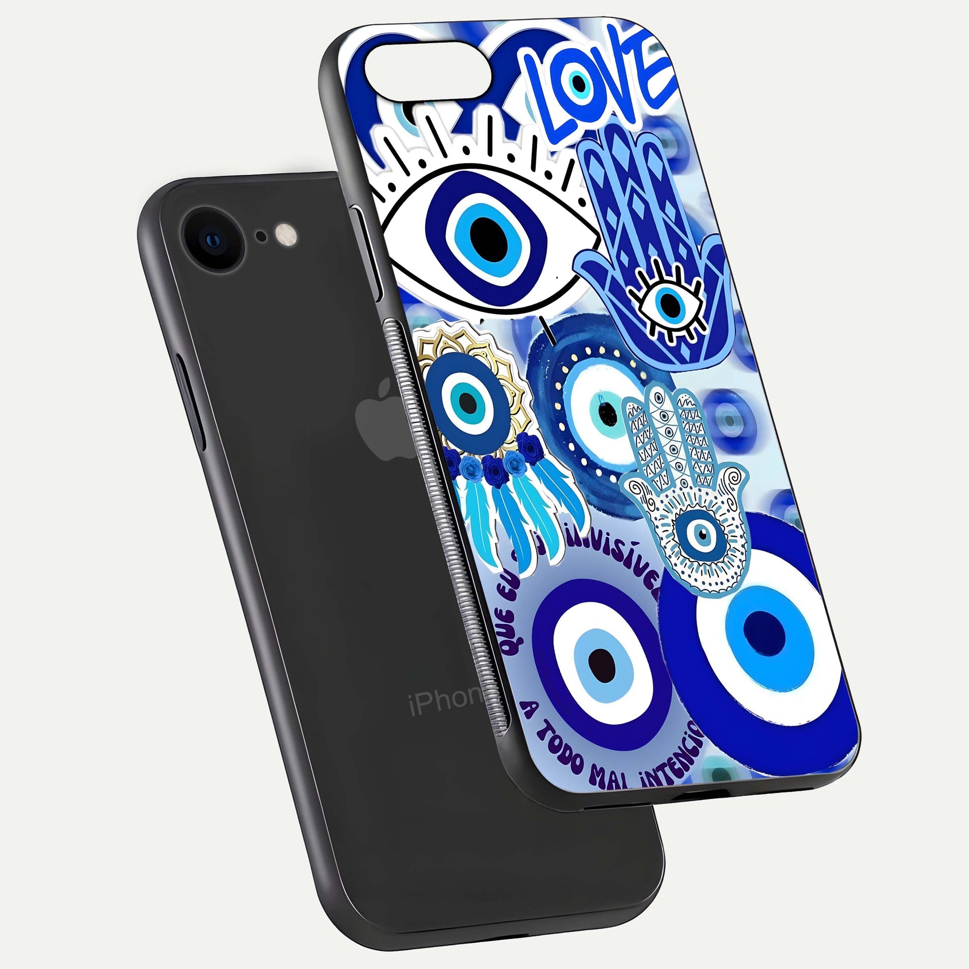 Evil Eyes Dream Glass Case for iPhone 8 floating mockup showing glossy shine and elegant pattern clarity