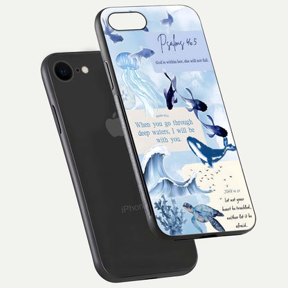 Faithful Ocean Promise Glass Case for iPhone 8 floating mockup displaying glossy surface and vivid depth