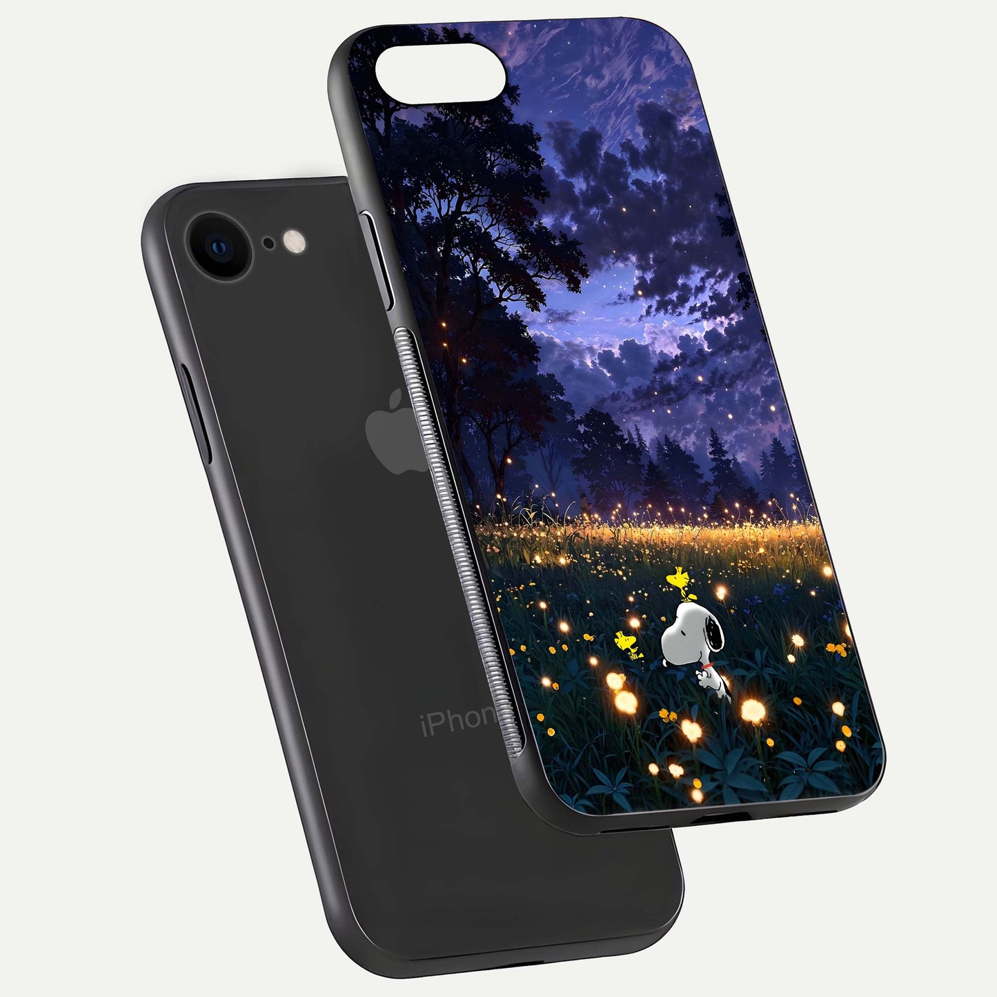 Firefly Meadow Magic Glass Case for iPhone 8 floating mockup showing gloss polish and magical night hues