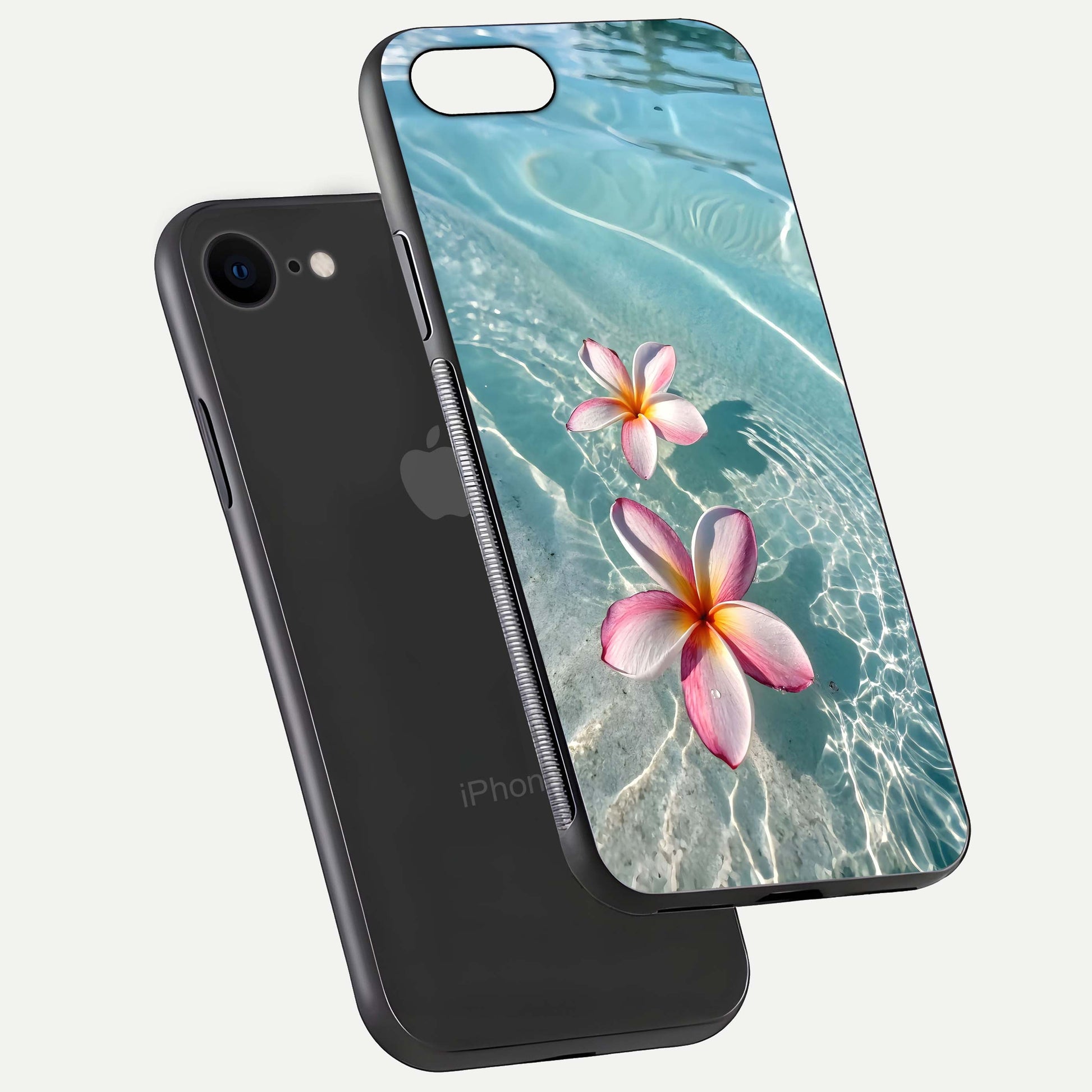 Floating Bloom Bliss Glass Case for iPhone 8 floating mockup showing HD gloss shine and floral texture