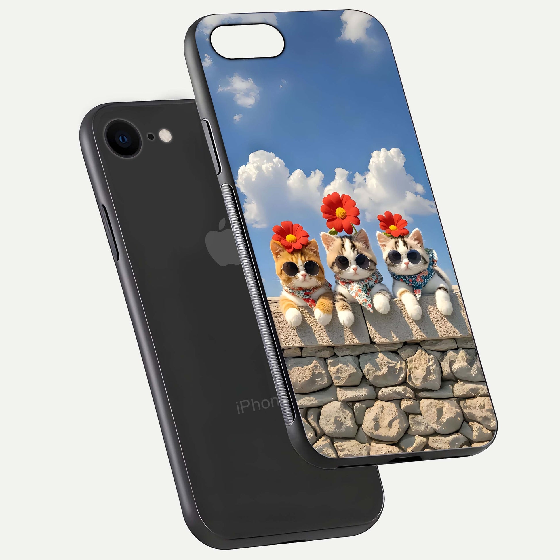 Floral Kitty Squad Glass Case for iPhone 8 floating mockup showing gloss texture and playful charm