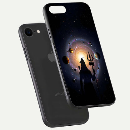 Galactic Shiva Vision Glass Case for iPhone 8 floating dual-view mockup displaying vibrant cosmic colors and smooth gloss texture