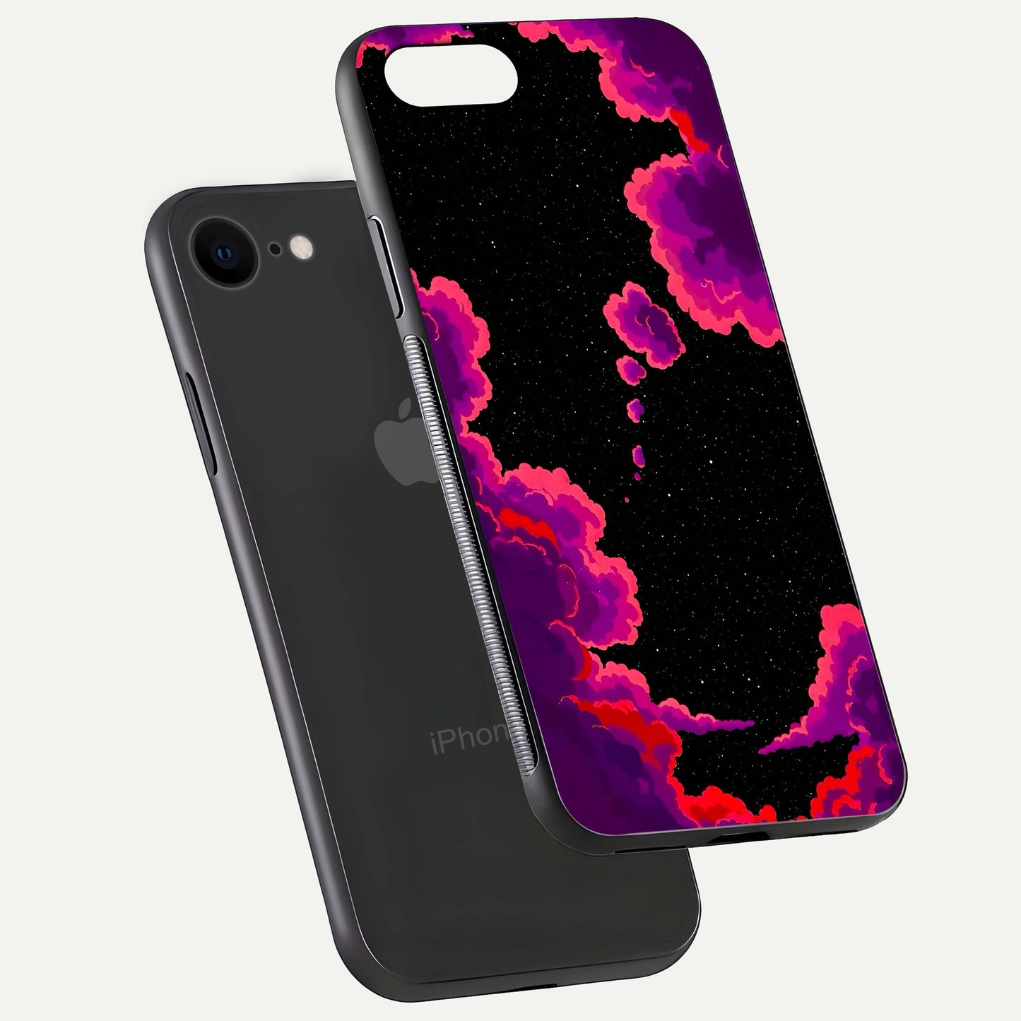 Galaxy Dream Frame Glass Case for iPhone 8 floating dual-view mockup showing vibrant gloss and space-themed tones