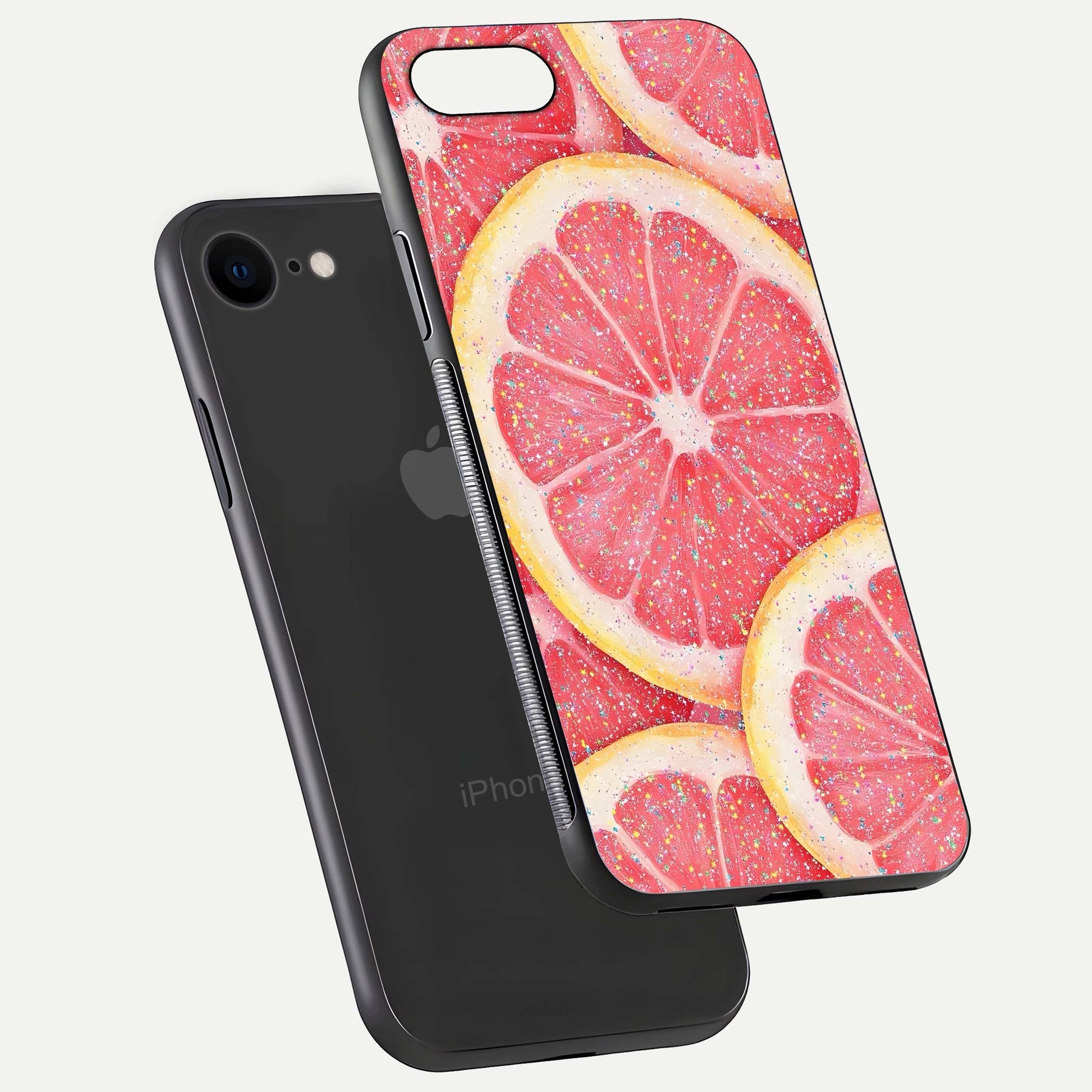 Glitter Grapefruit Glass Case for iPhone 8 floating dual-view mockup showing HD gloss and fresh color detail
