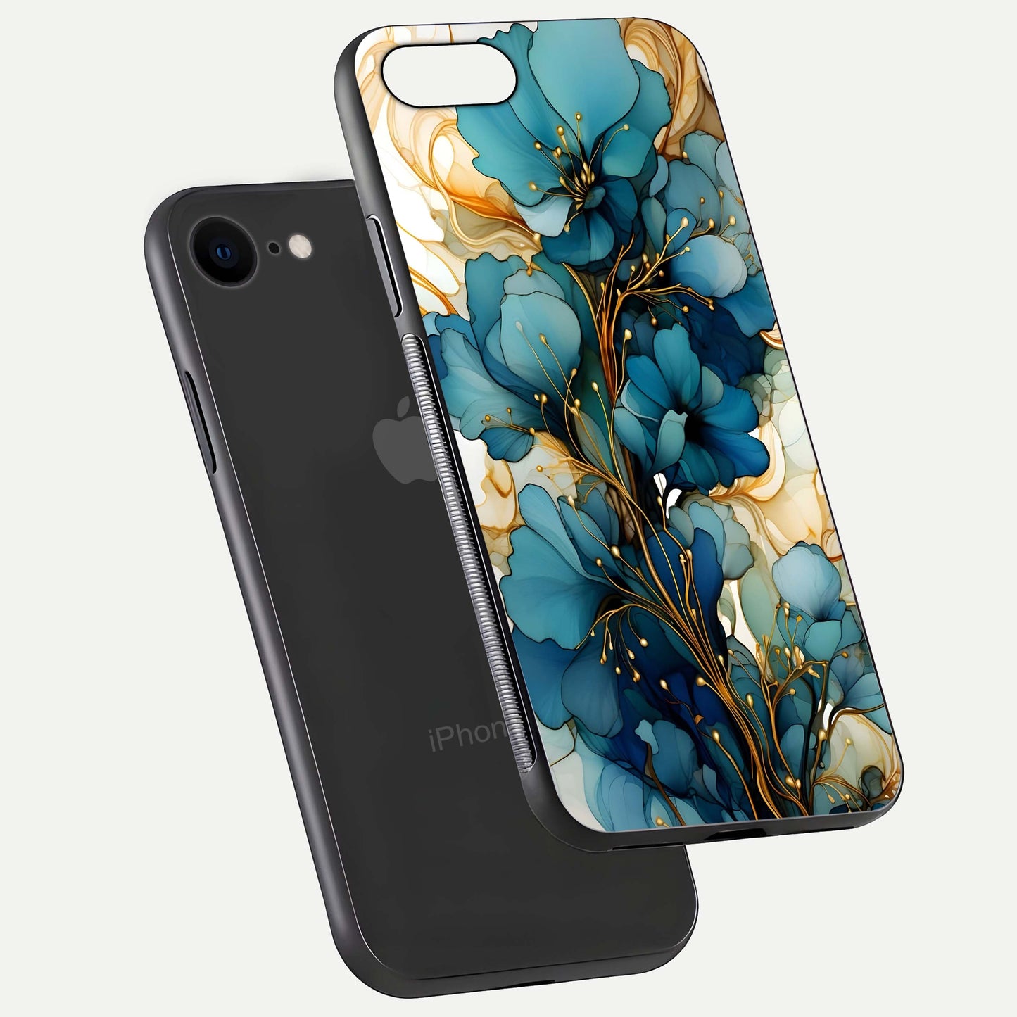 Golden Bloom Symphony Glass Case for iPhone 8 floating dual-view mockup displaying shine texture and luxury pattern