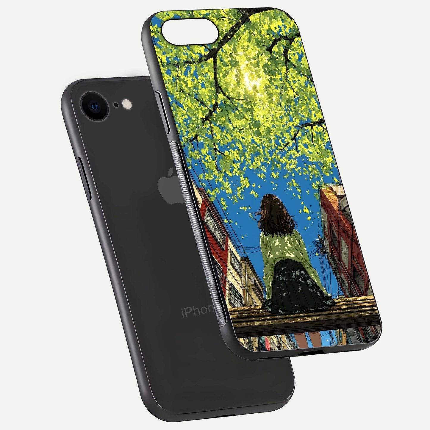Golden Leaves Glow Glass Case for iPhone 8 floating dual-view mockup showing gloss depth and gold-leaf detail