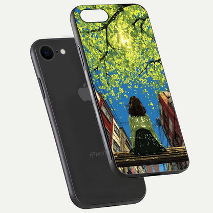 Golden Leaves Glow Glass Case for iPhone 8 floating dual-view mockup showing gloss depth and gold-leaf detail