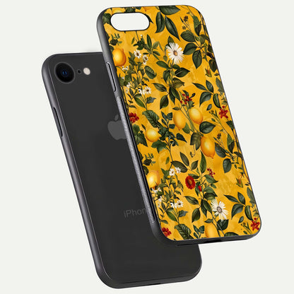 Golden Lemon Field Glass Case for iPhone 8 floating dual-view mockup showing gloss shine and yellow-gold palette