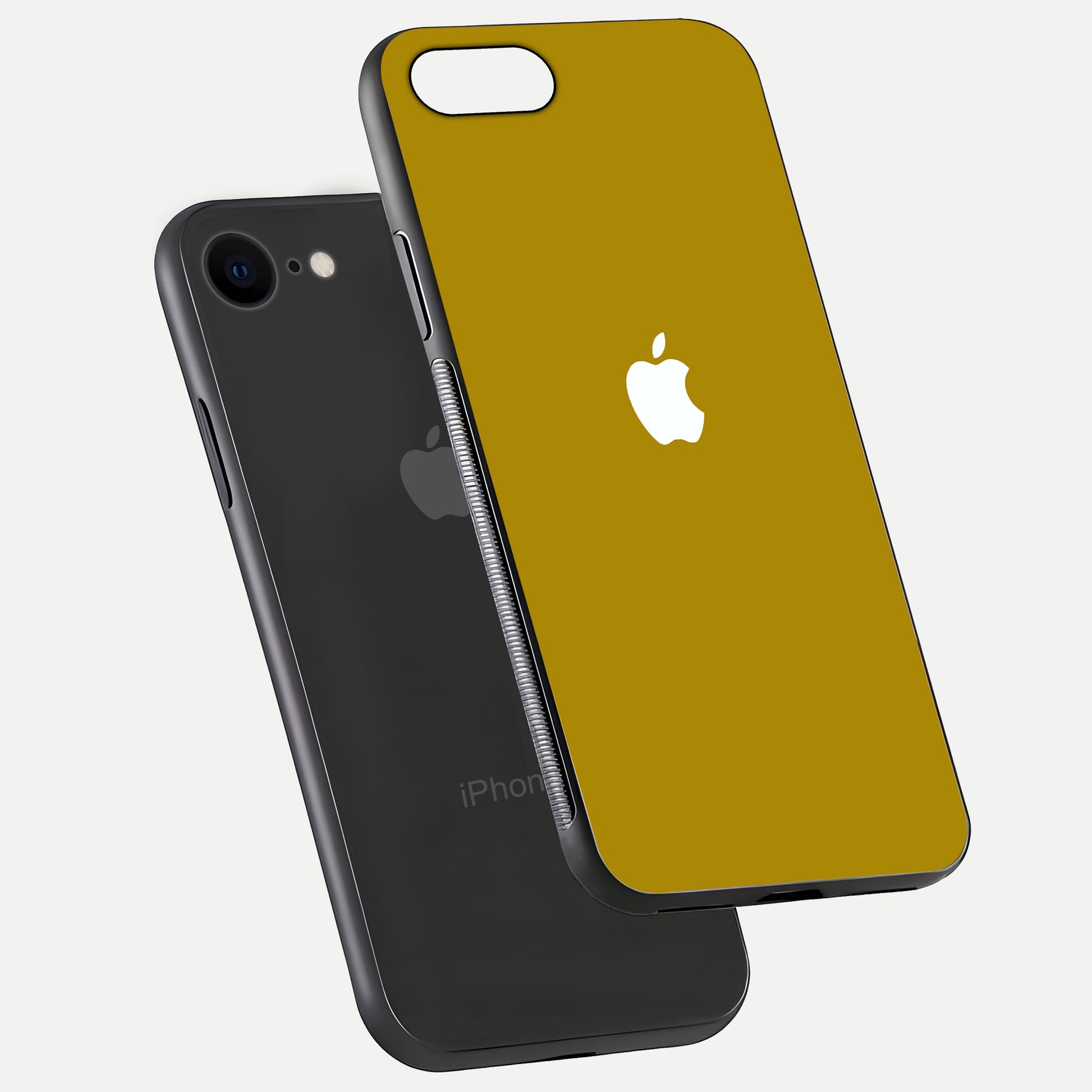 Golden Luxe Aura Glass Case for iPhone 8 floating dual-view mockup showing glossy texture and elegant gold gradient