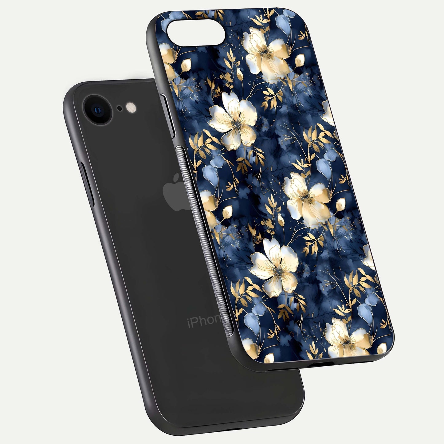 Golden Midnight Bloom Glass Case for iPhone 8 floating dual-view mockup showing gloss polish and metallic reflection