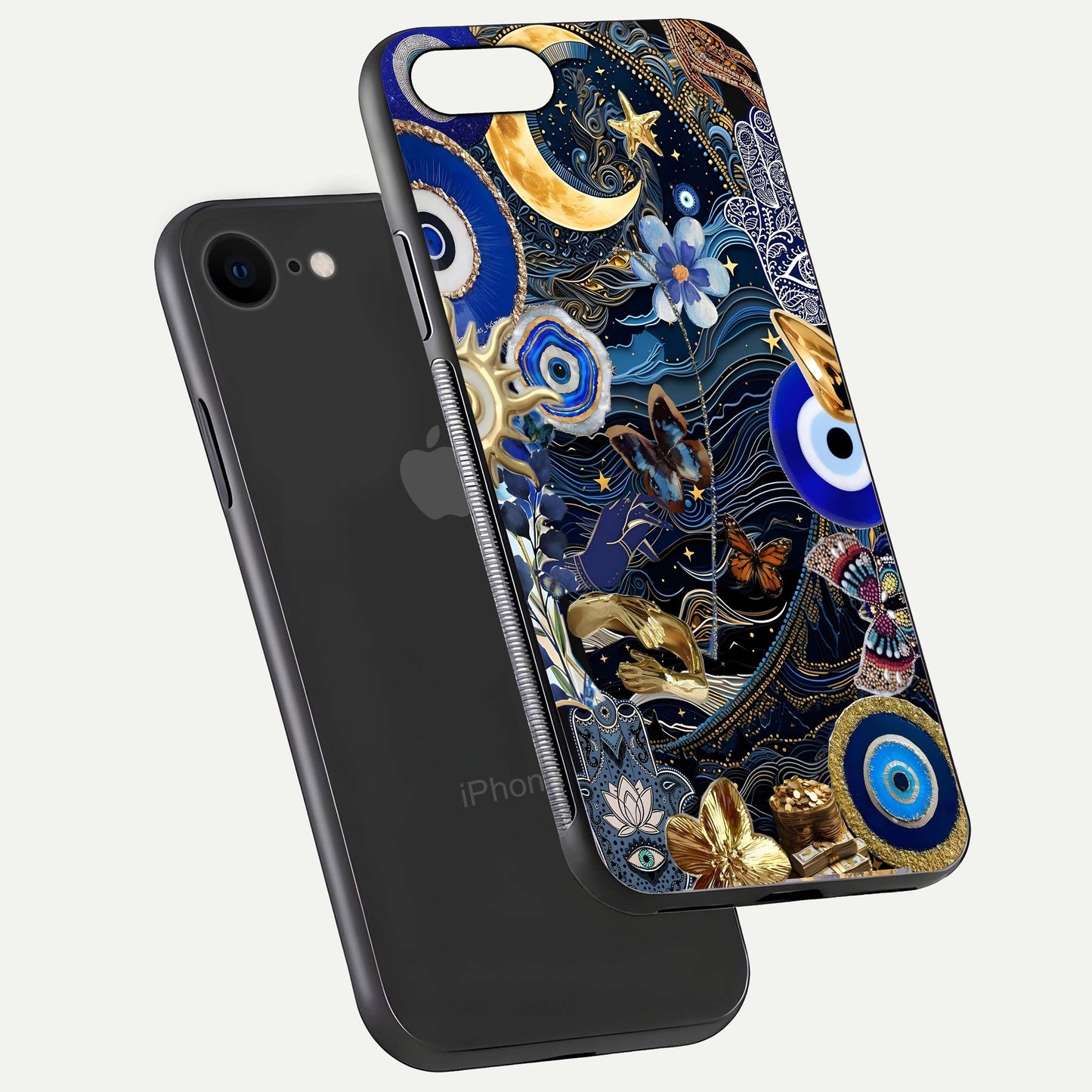 Golden Moon Magic Glass Case for iPhone 8 floating dual-view mockup showing gloss texture and golden illumination