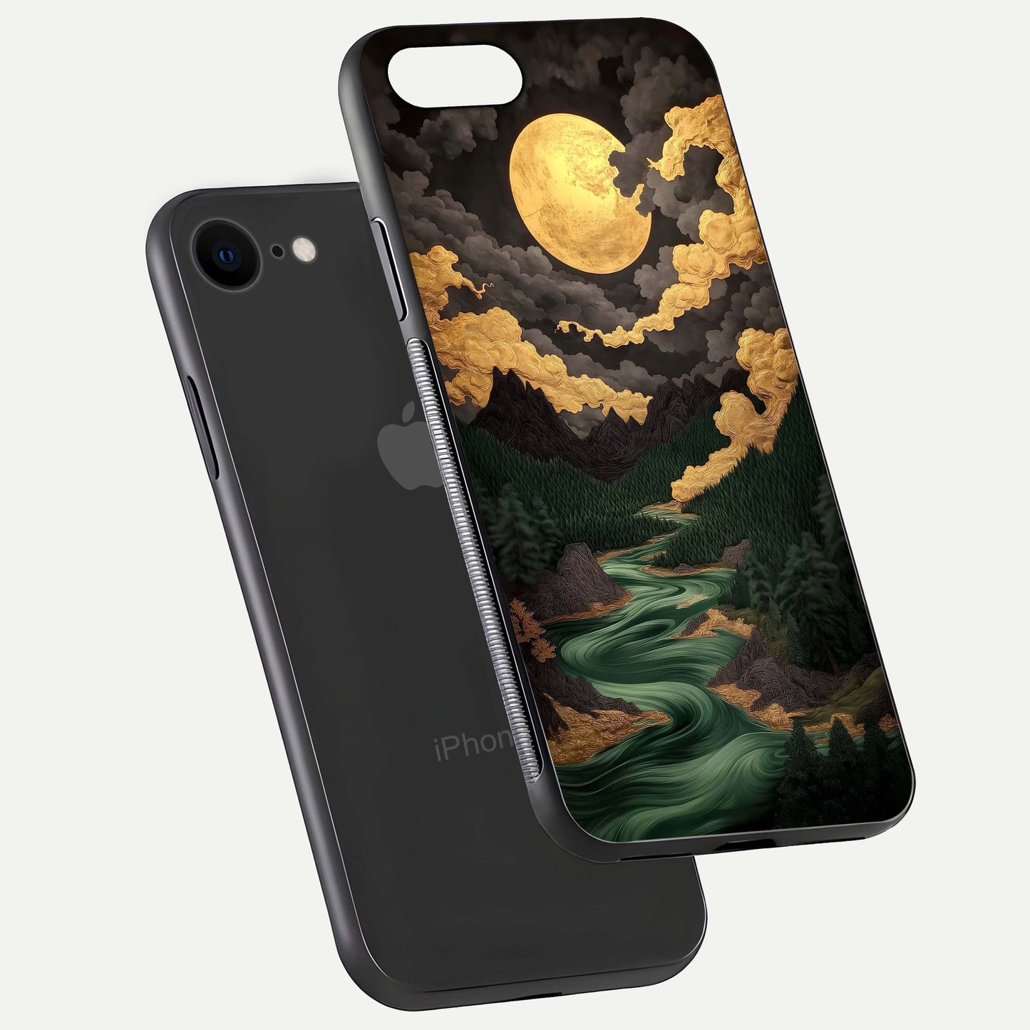 Golden River Moon Glass Case for iPhone 8 floating dual-view mockup showing gloss surface and luxury tone