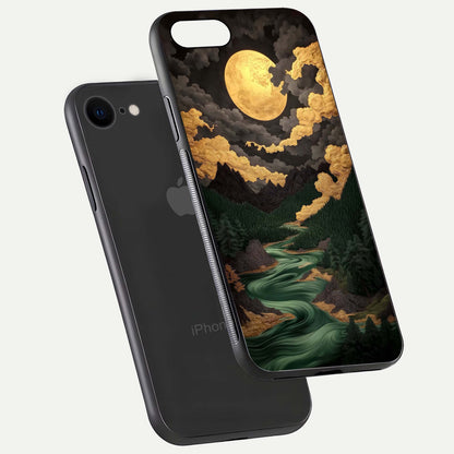 Golden River Moon Glass Case for iPhone 8 floating dual-view mockup showing gloss surface and luxury tone