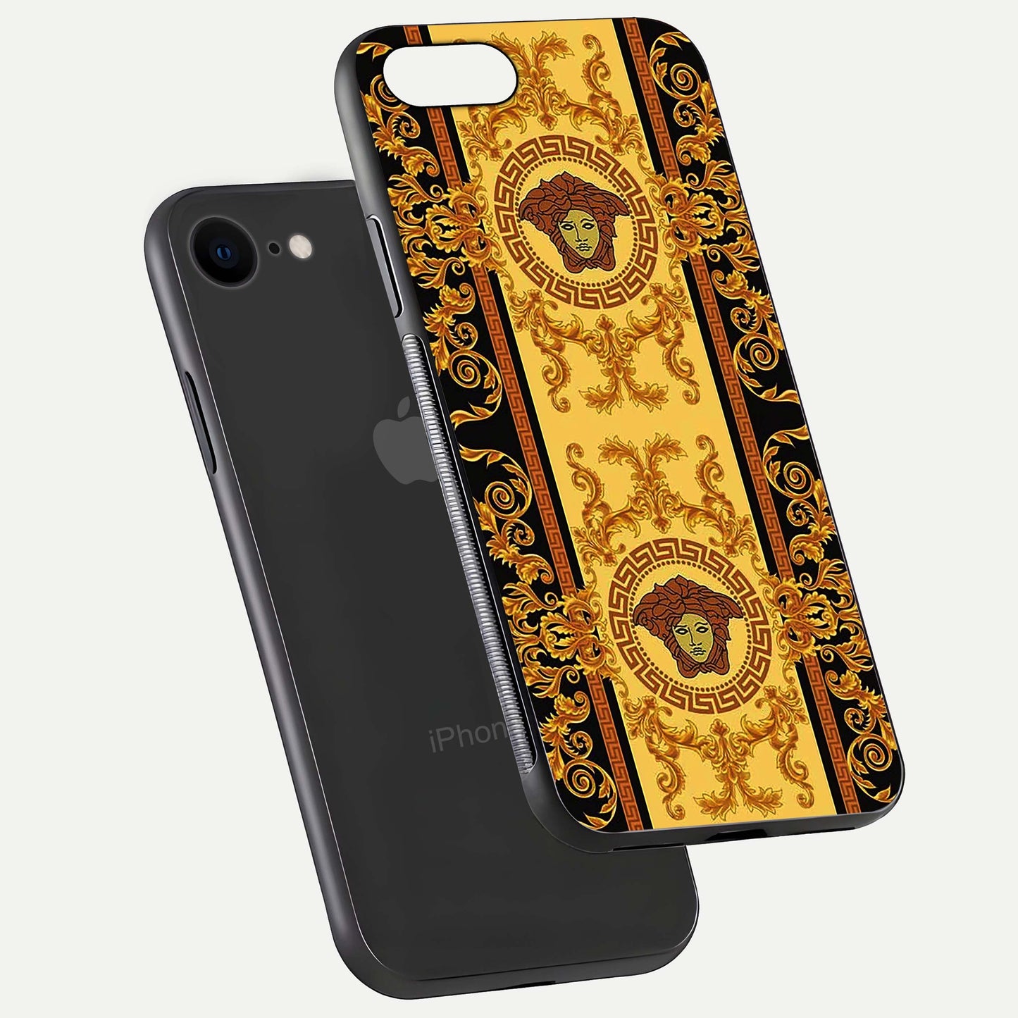 Golden Royal Heritage Glass Case for iPhone 8 floating dual-view mockup showing glossy surface and rich regal tone