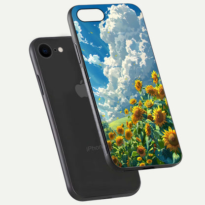 Golden Sun Glory Glass Case for iPhone 8 floating dual-view mockup showing gloss shine and premium surface
