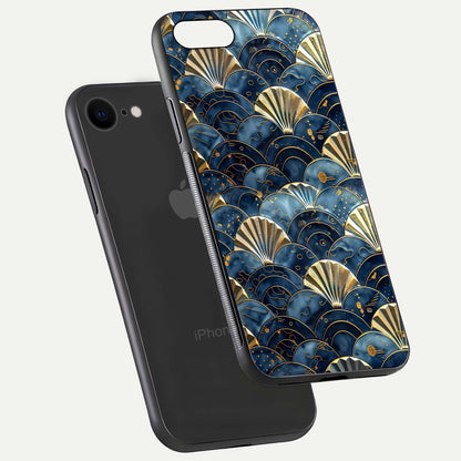 Golden Wave Luxe Glass Case for iPhone 8 floating dual-view mockup showing gloss surface and shimmering tones