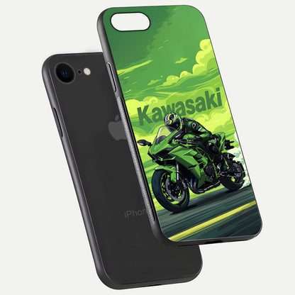 Green Kawasaki Glass Case for iPhone 8 floating dual-view mockup showing gloss surface and power-bike theme