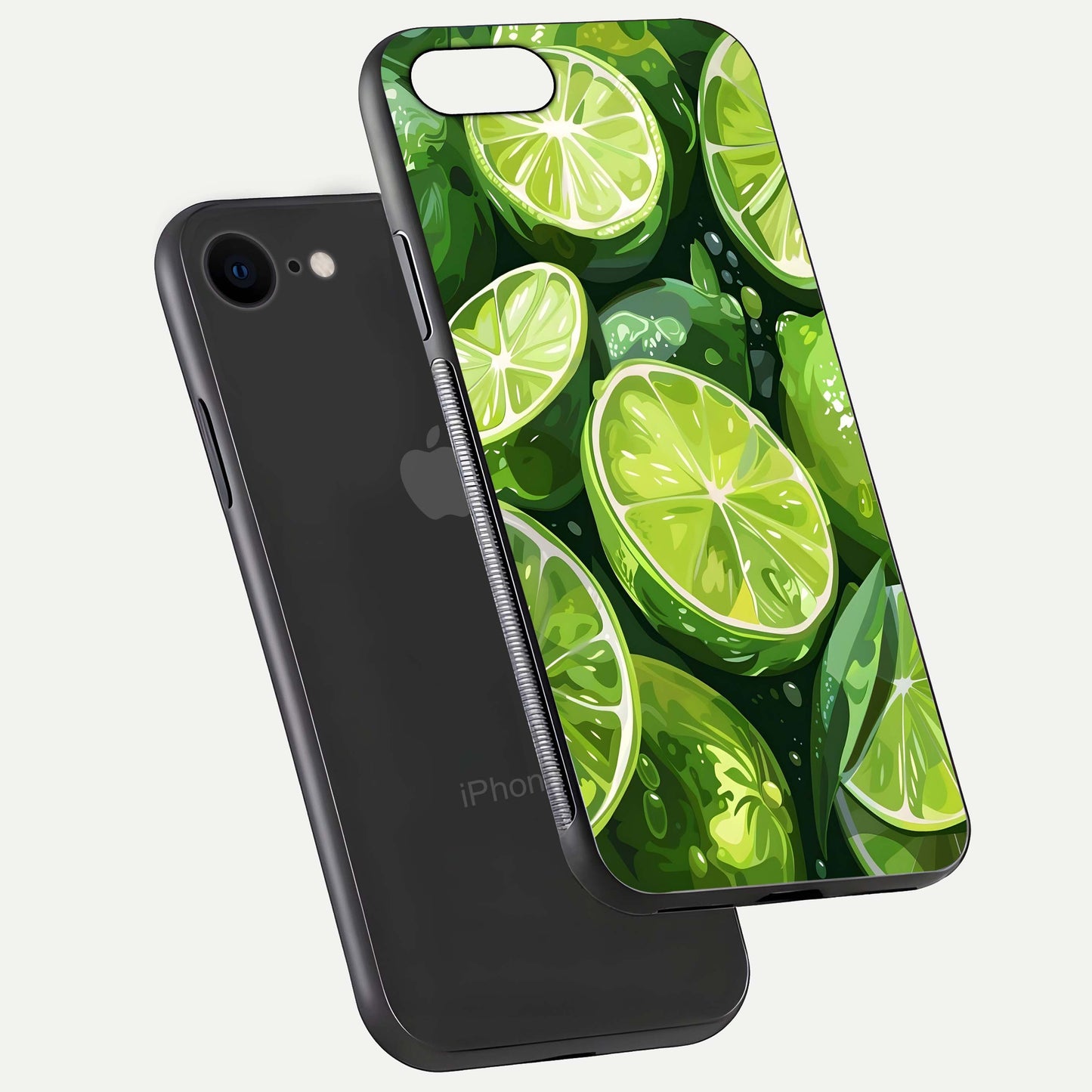 Green Lemon Glass Case for iPhone 8 floating dual-view mockup showing glossy surface and fruity freshness