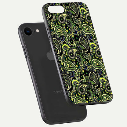 Green Mandala Pattern Glass Case for iPhone 8 floating dual-view mockup showing gloss texture and symmetry shine