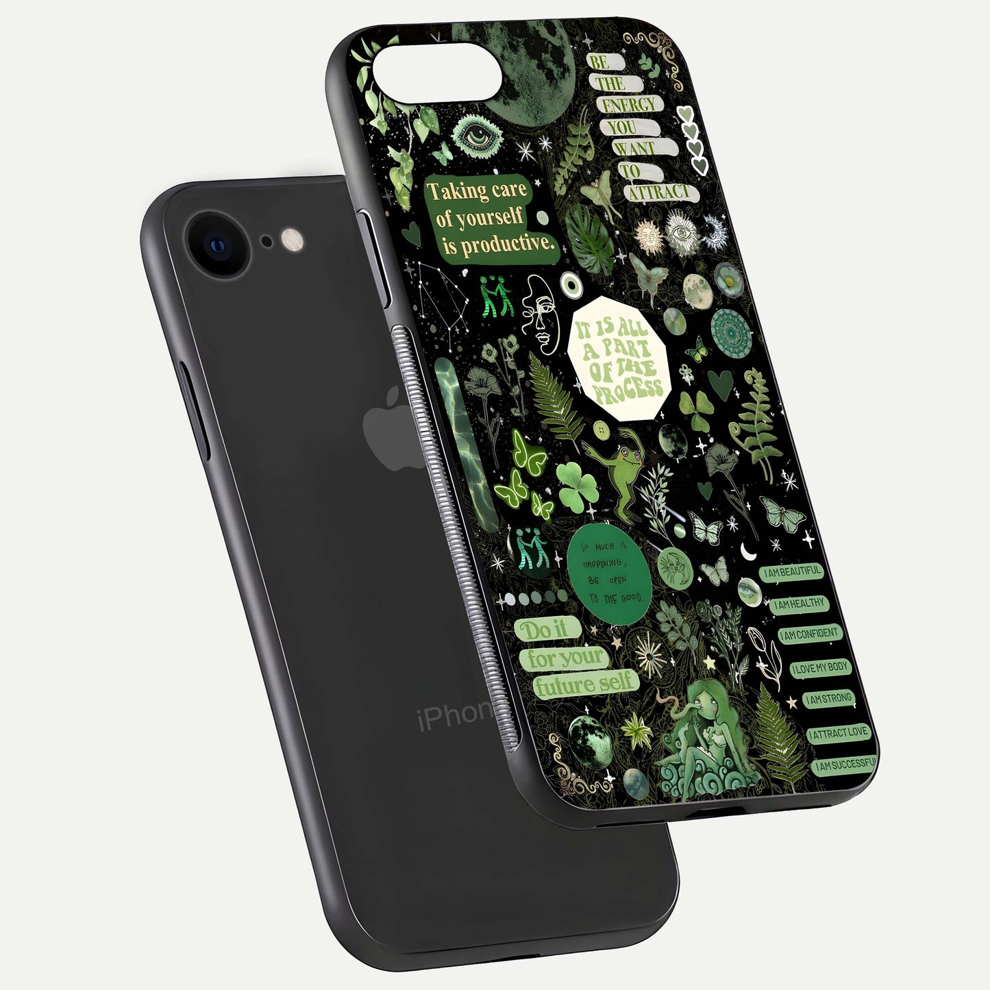 Green Moon Energy Glass Case for iPhone 8 floating dual-view mockup showing glossy texture and energy aura