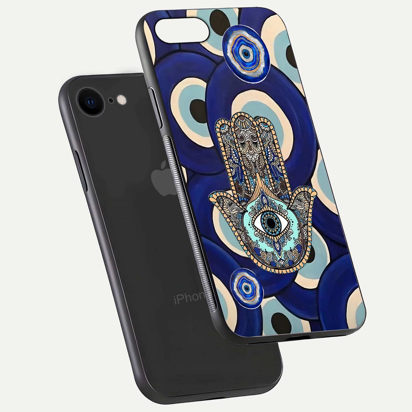 Hamsa Divine Guard Glass Case for iPhone 8 floating dual-view mockup showing gloss shine and mystical pattern