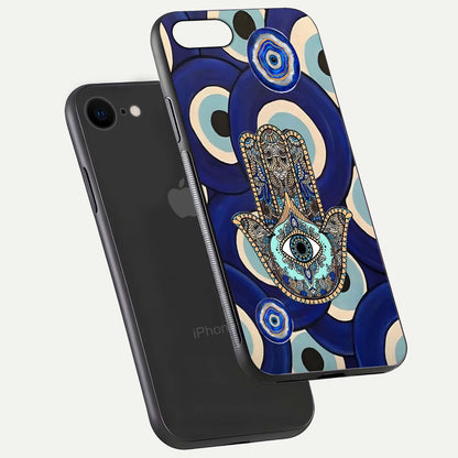 Hamsa Divine Guard Glass Case for iPhone 8 floating dual-view mockup showing gloss shine and mystical pattern