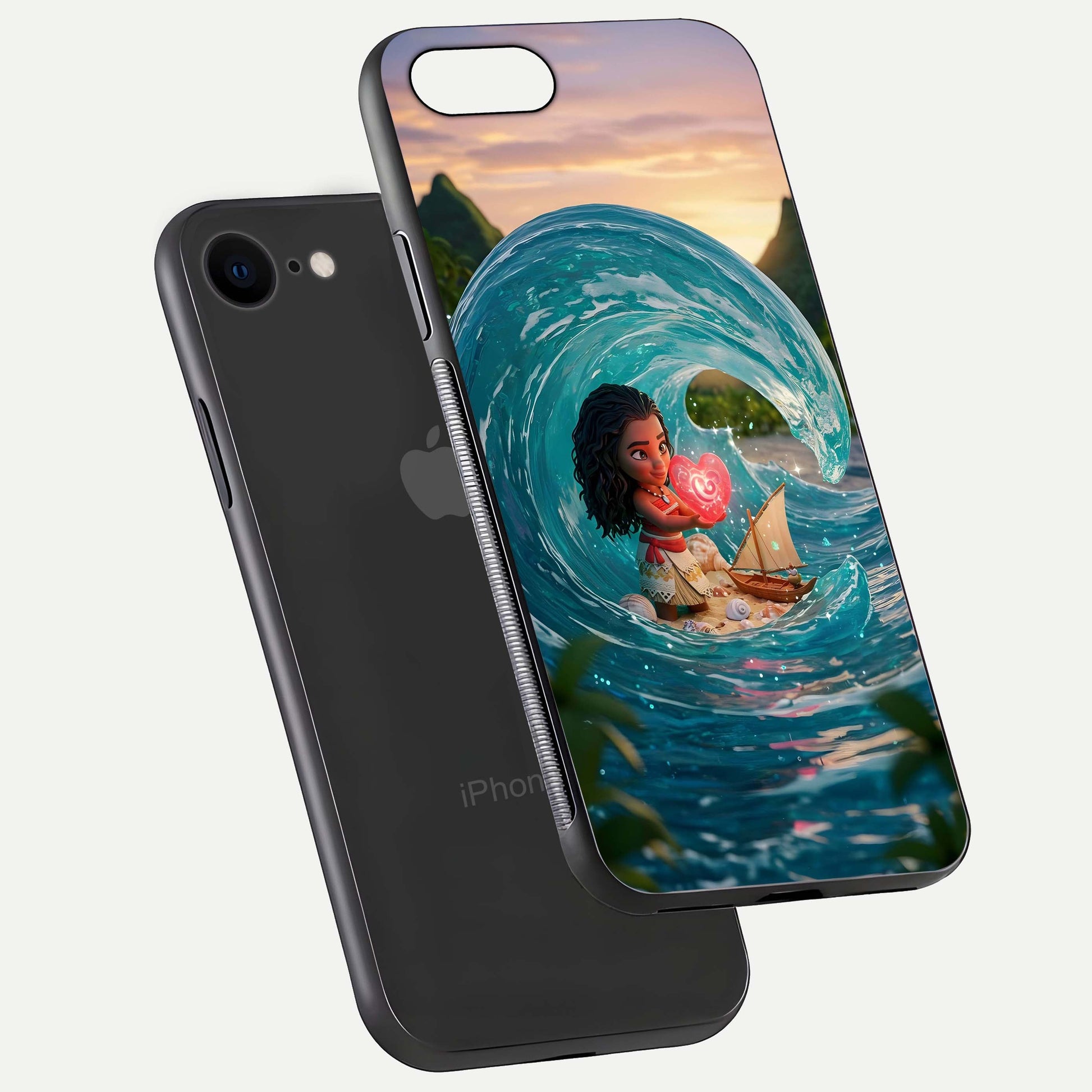 Heart of Ocean Glass Case for iPhone 8 floating dual-view mockup showing gloss surface and aquatic design