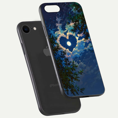 Heart with Moon Sky Glass Case for iPhone 8 floating dual-view mockup showing gloss texture and romantic sky glow