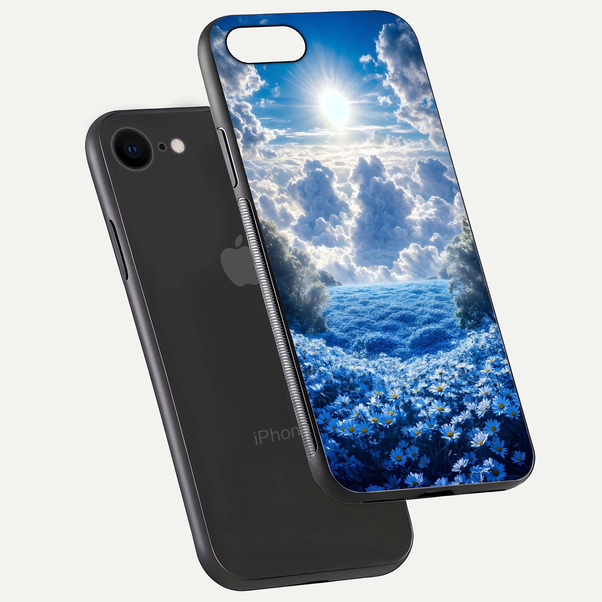 Heavenly Daisy Horizon Glass Case for iPhone 8 floating dual-view mockup showing gloss polish and soft pastel background