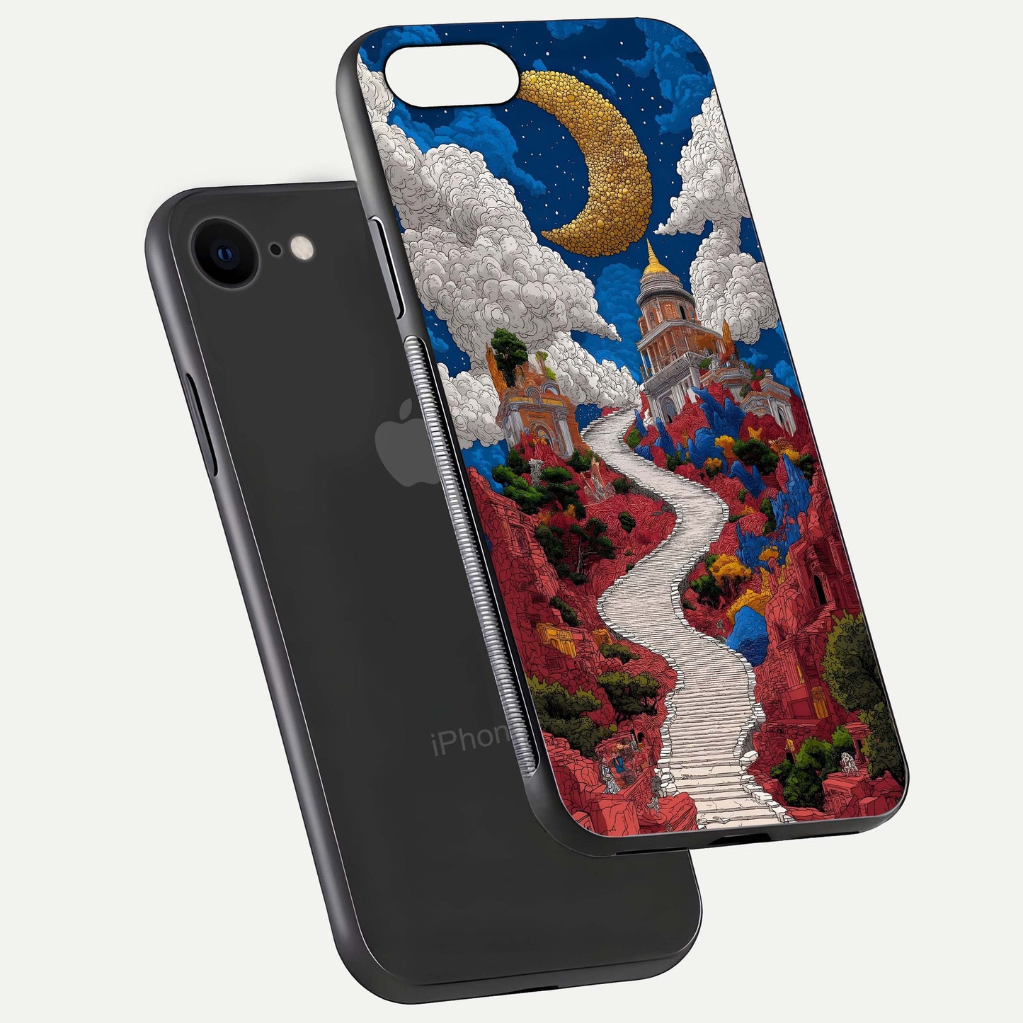 Heavenly Moon Path Glass Case for iPhone 8 floating dual-view mockup showing gloss surface and celestial pathway