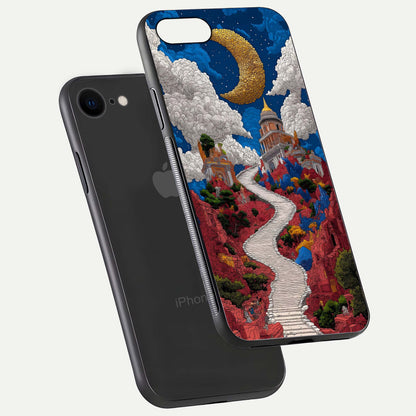 Heavenly Moon Path Glass Case for iPhone 8 floating dual-view mockup showing gloss surface and celestial pathway