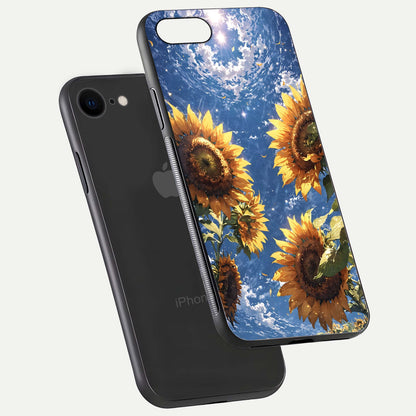Heavenly Sunflower Rise Glass Case for iPhone 8 floating dual-view mockup showing gloss brightness and morning-light feel