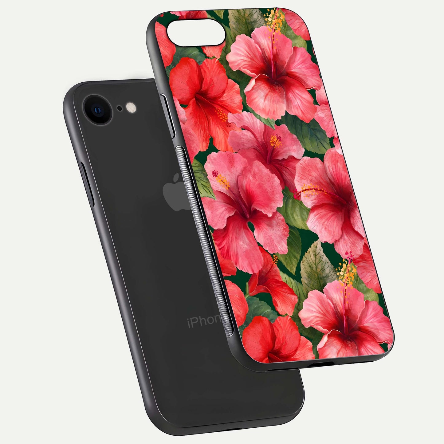 Hibiscus Pattern Glass Case for iPhone 8 floating dual-view mockup showing glossy texture and vivid color depth
