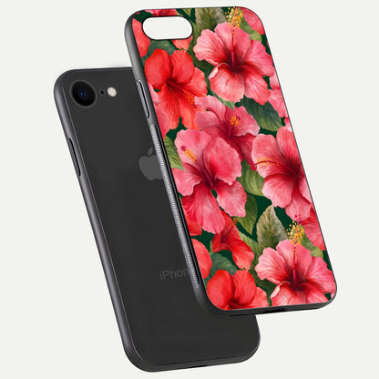 Hibiscus Pattern Glass Case for iPhone 8 floating dual-view mockup showing glossy texture and vivid color depth