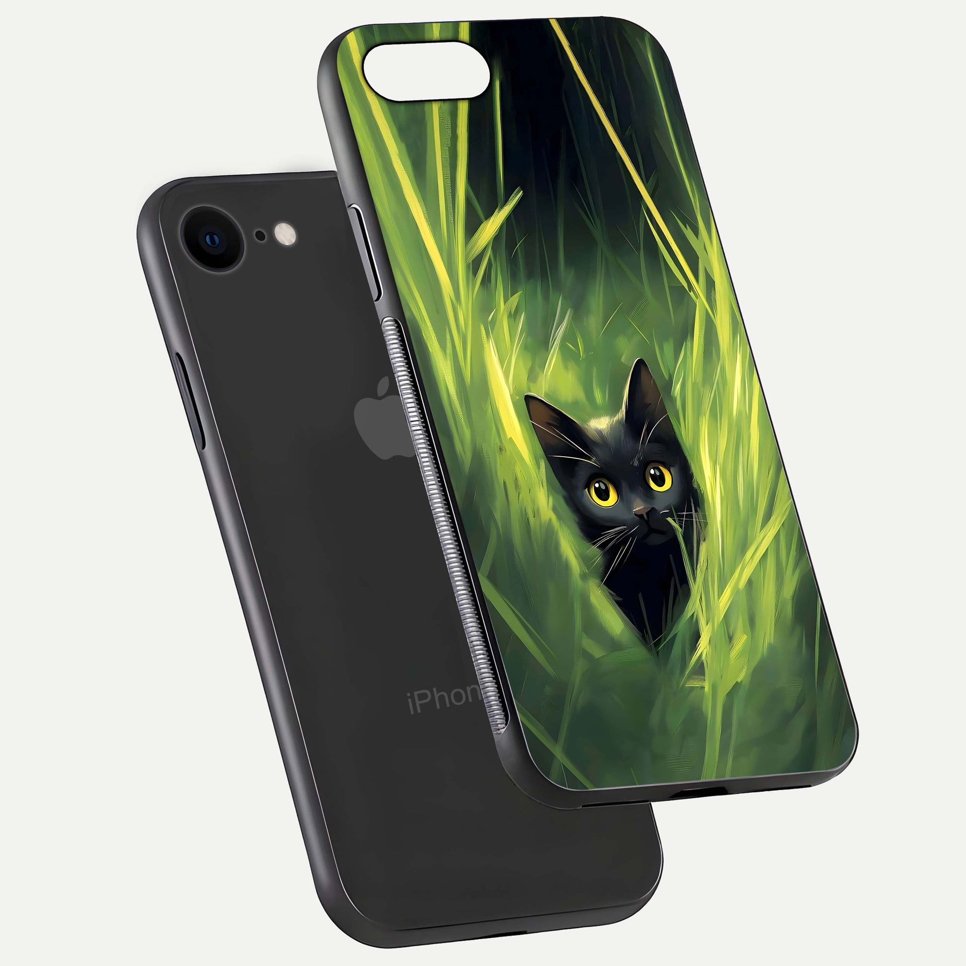 Hidden Cat Whisper Glass Case for iPhone 8 floating dual-view mockup showing glossy tone and elegant cat silhouette
