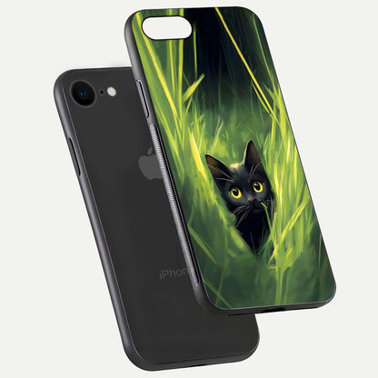 Hidden Cat Whisper Glass Case for iPhone 8 floating dual-view mockup showing glossy tone and elegant cat silhouette