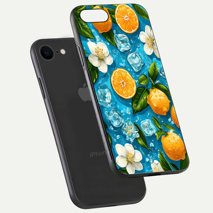 Ice Cube With Orange Glass Case for iPhone 8 floating dual-view mockup showing glossy shine and cool refreshing tone