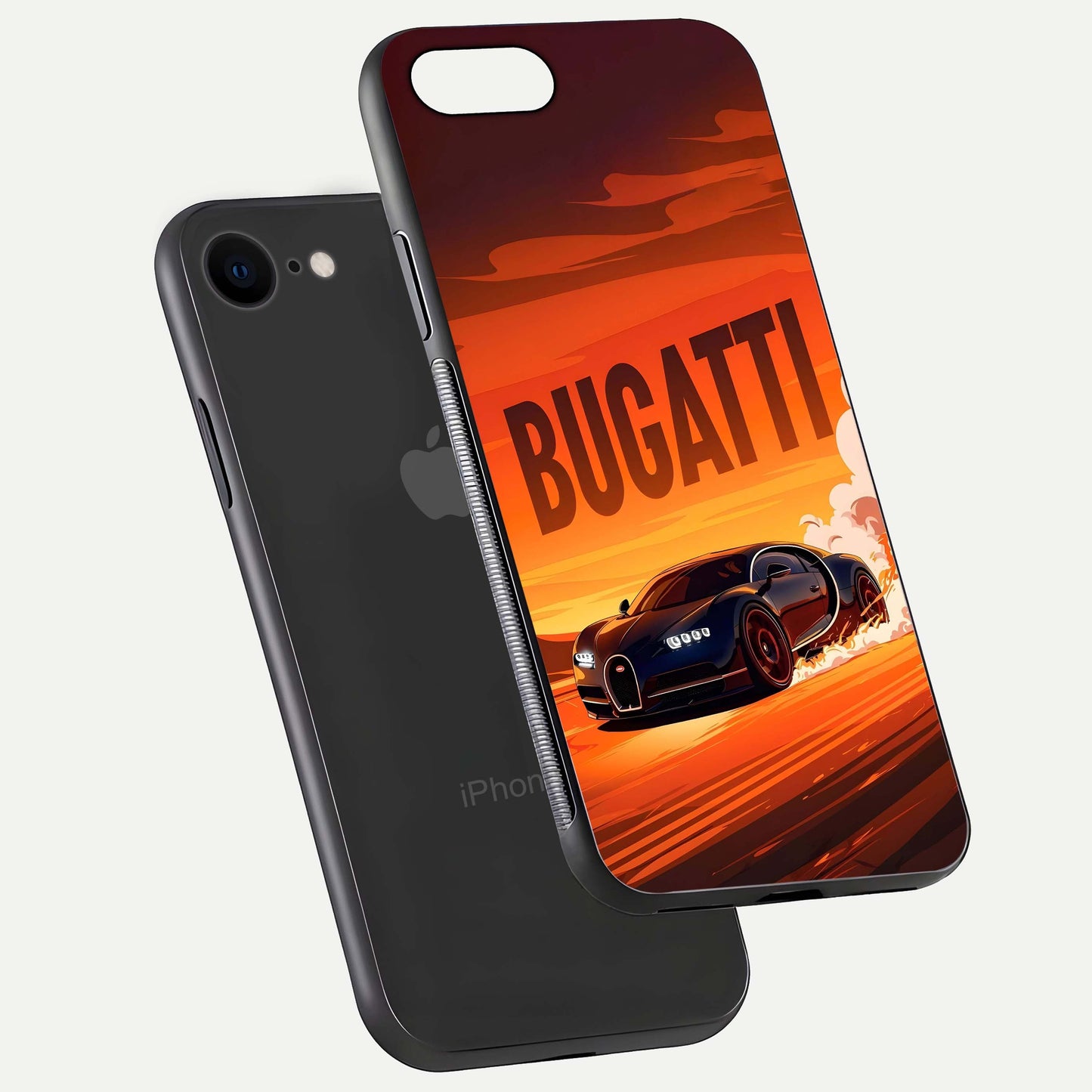 Inferno Bugatti Storm Glass Case for iPhone 8 floating dual-view mockup showing gloss surface and racing energy