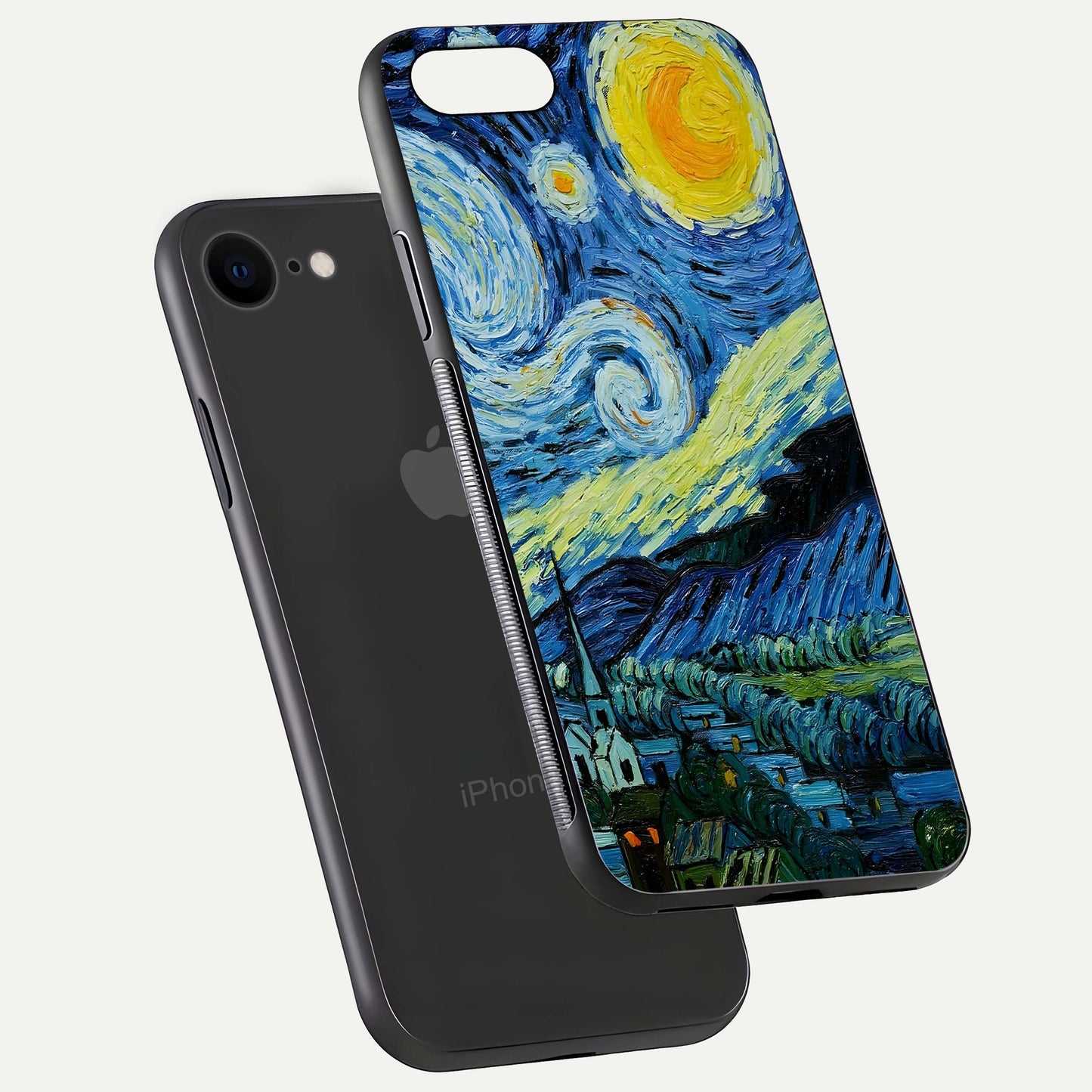 Inspired Van Gogh Art Glass Case for iPhone 8 floating dual-view mockup showing gloss depth and artistic reflection