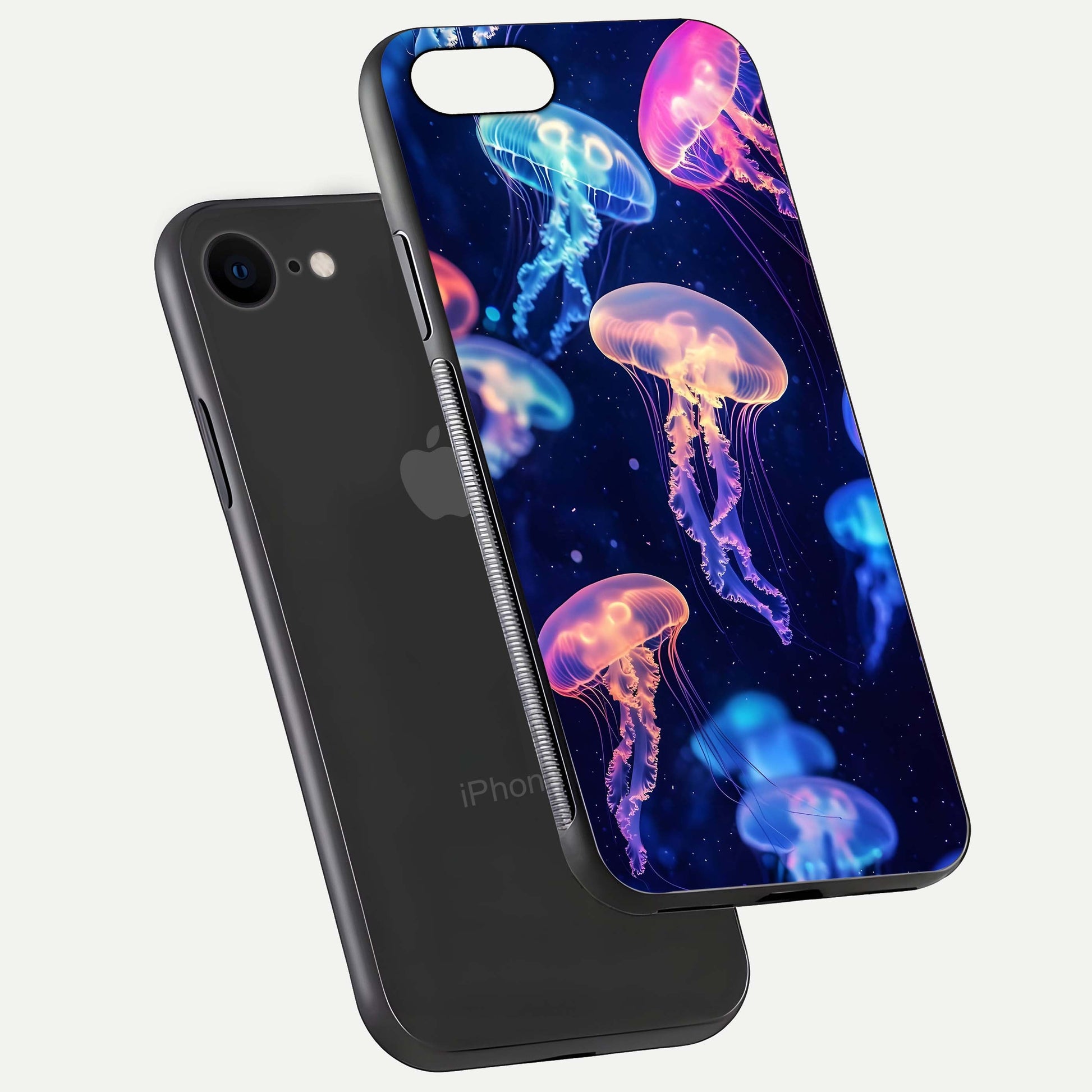 Jellyfish Pattern Glass Case for iPhone 8 floating dual-view mockup showing gloss texture and oceanic depth